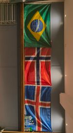 an image of three flags - Brazil, Norway, and Finland, hanging above a wall in the Petherwick Jiu Jitsu Dojo